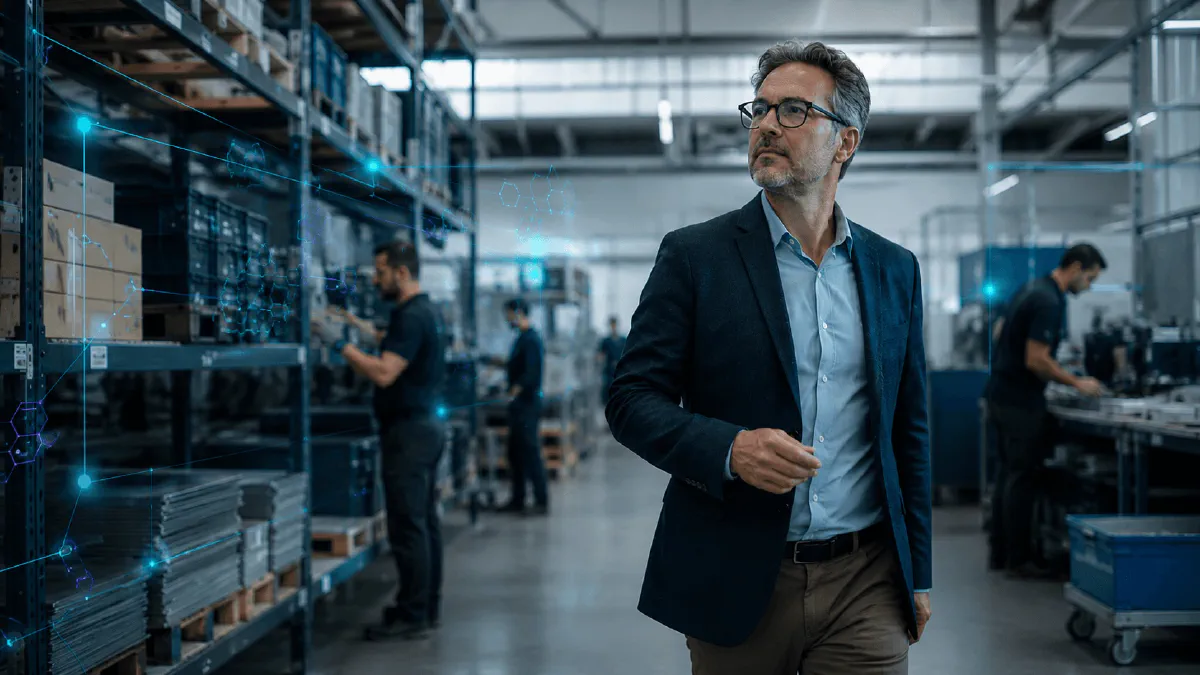 Un dueño de empresa mirando hacia adelante, tomando decisiones de operación en tiempo real